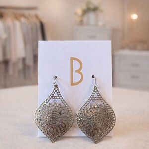 Silver Filigree Teardrop Dangle Earrings Boho Vintage Style Statement Drop New